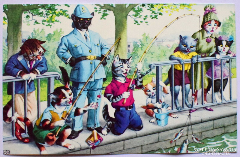 Humorous cat postcard - forbidden fishing cats / new edition