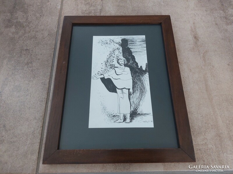 (K) beautiful ink drawing with frame 29x36 cm