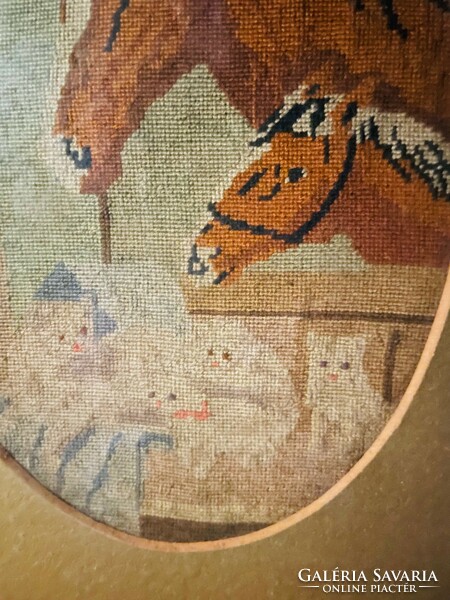 Goblein antik kép: lovak cicákkal