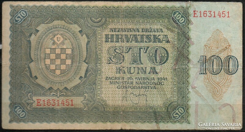 D - 035 -  Külföldi bankjegyek:  1941 Horvátország 100 kuna