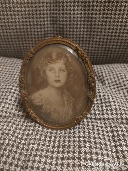Miniature, antique copper picture frame with thick, polished glass