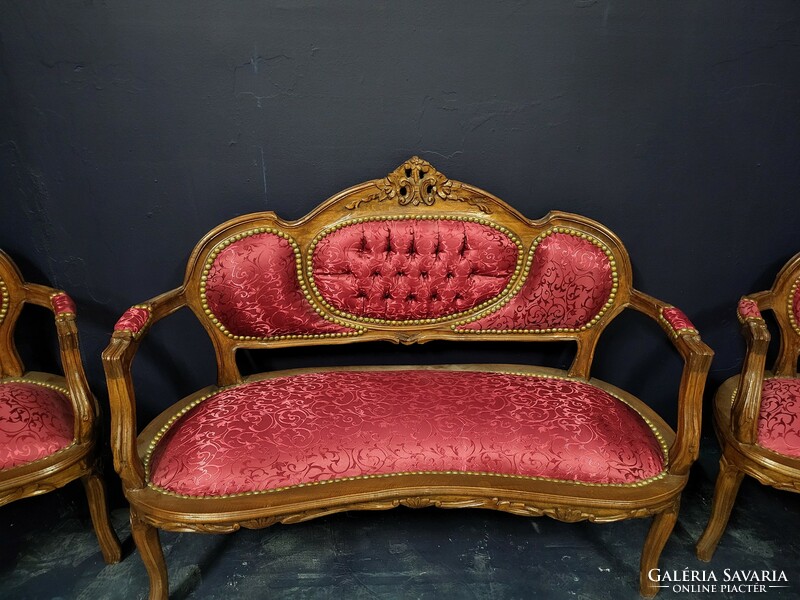 Living room set with burgundy cover, carved seating set