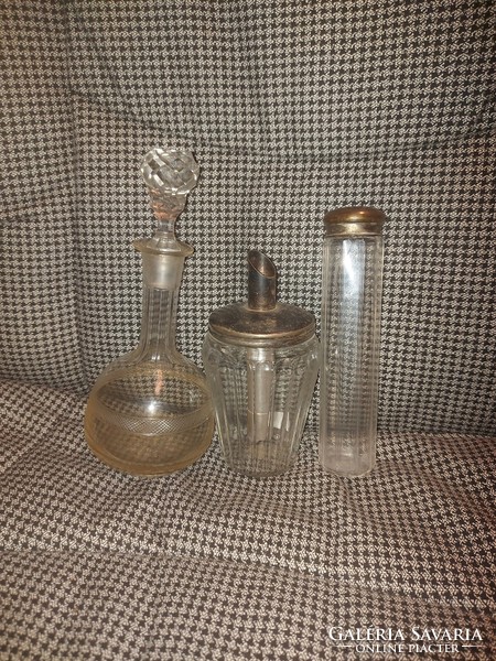 3 antique sugar sprinklers and liquor bottles