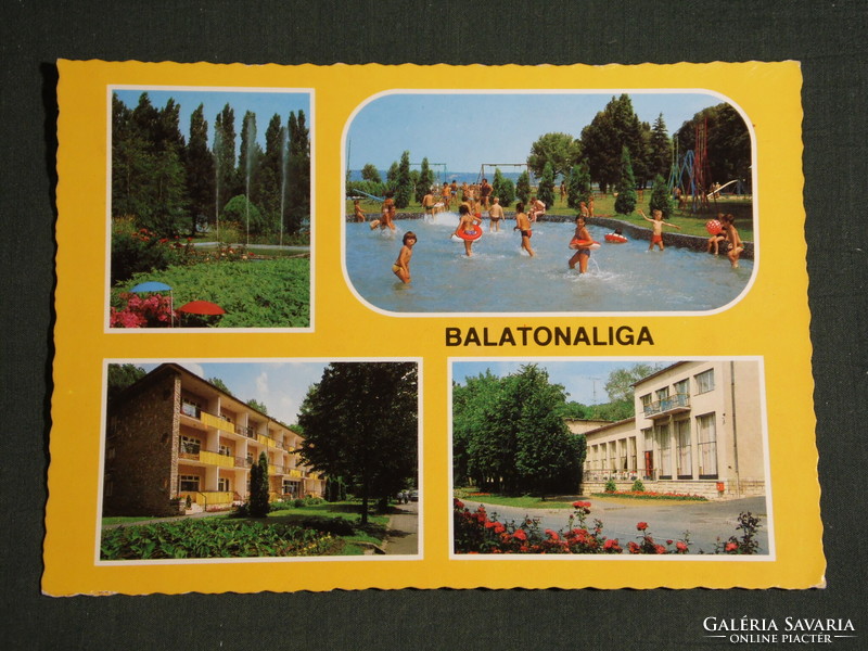 Képeslap, Balatonaliga, mozaik részletek,üdülők,strand gyerekekkel,park