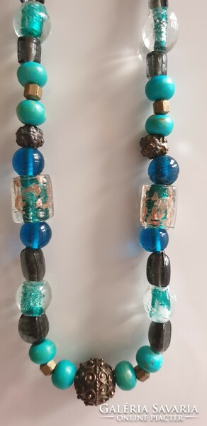 Turquoise glass, ceramic, metal necklace 50 cm