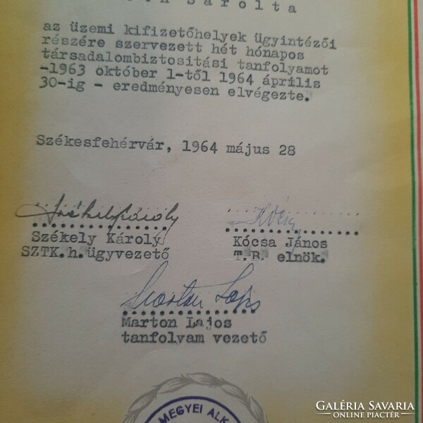 Certificate issued by the trade union social security center (sztk) in 1964.