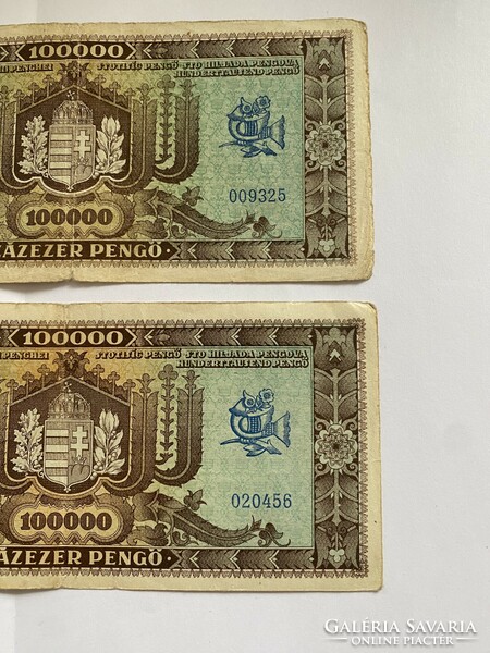 2 Pieces of one hundred thousand pengő 100000 pengő one hundred thousand pengő 1945 one of low serial numbers