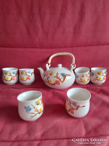 6 Personal Chinese porcelain tea set - hand painted with embossed pattern