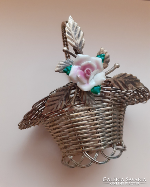 Handmade silver-plated serving basket with handmade flower bouquet