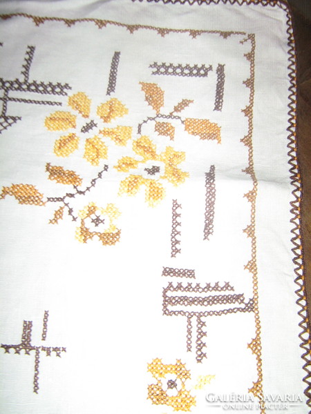Beautiful antique hand-embroidered cross-stitch woven tablecloth