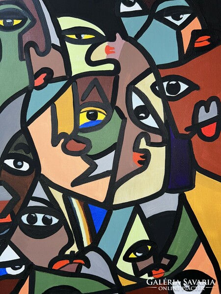 Forray Nóry kortárs festőművész absztrakt modern színes festmény- Arcok játéka 50x70 cm akril vászon