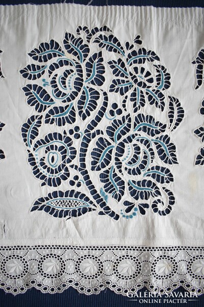 Madeira lace needlework blue white hole embroidery antique drapery decoration ethnography 96 x 42 cm damaged