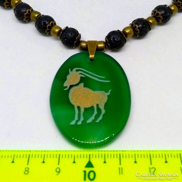 Lava stone mineral necklace, green agate with Capricorn zodiac sign pendant 256
