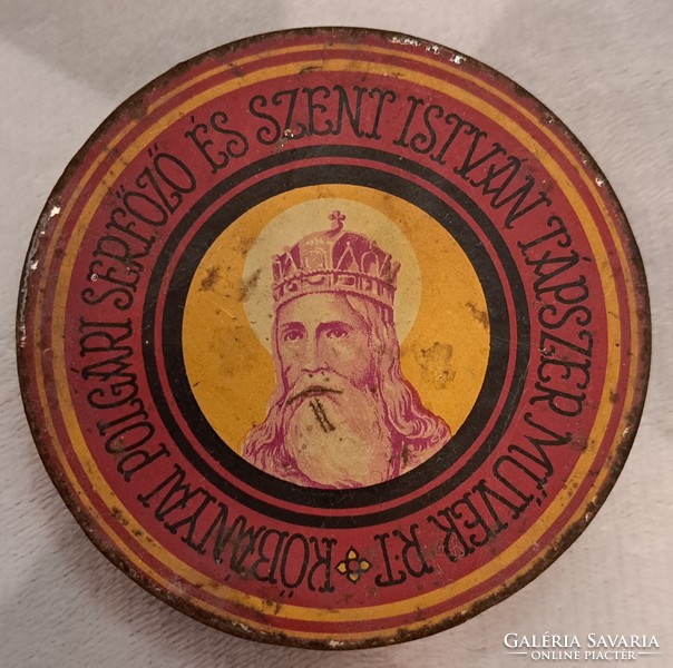 Kuriózum: Szent István cukorka fém doboz, antik pléh doboz ritkaság (M4484)