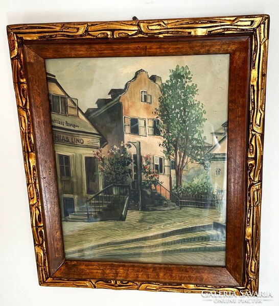 Cityscape - German (or Ostaic?) painter, 1917, a hundred-year-old painting in its original Art Nouveau frame