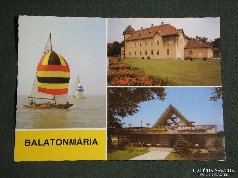 Képeslap, Balatonmáriafürdő,mozaik részletek,Festetics-kastély,hotel,Pannonia étterem,presszó,hajó