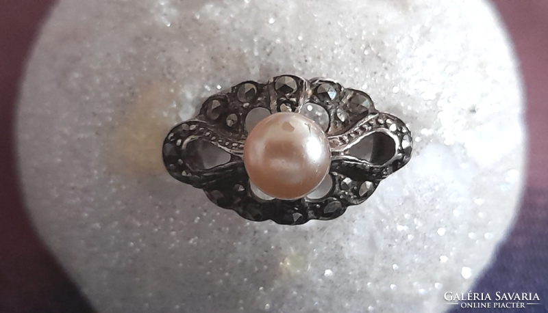 Old silver ring with marcasite and pearl