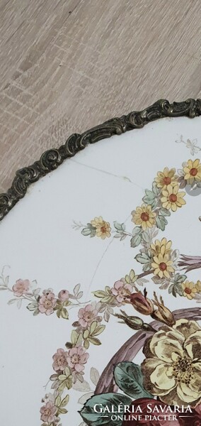 Metal framed earthenware tray with flower motif