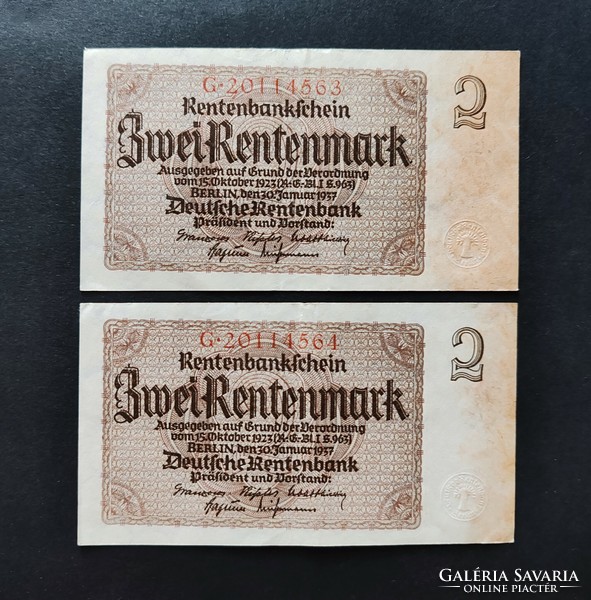Németország 2 Rentenmark 1937, 2 db sorszámkövető, EF