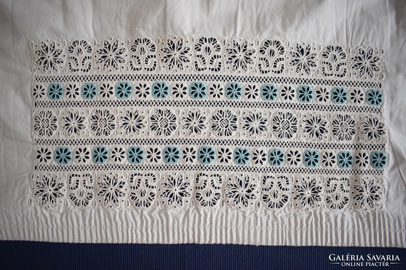 Madeira lace needlework blue white hole embroidery antique drapery decoration ethnography 44 x 21 cm+damaged