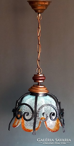 Wrought iron ceiling lamp with Murano lampshade, negotiable art deco design