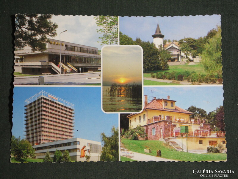 Képeslap, Balatonalmádi, mozaik részletek, Aurora hotel,Posta hivatal,üdülők, naplemente