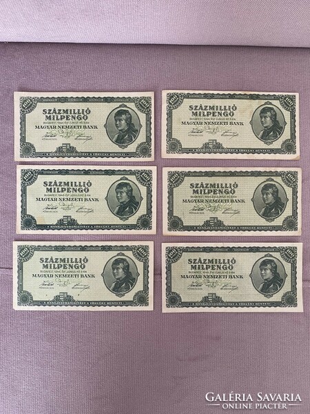 6 db Százmillió milpengő 100000000 milpengő 1946  Ropogós bankjegyek
