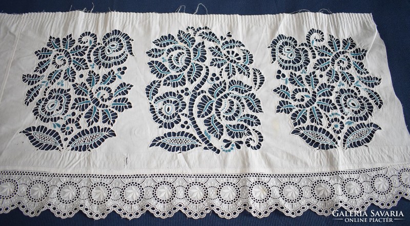Madeira lace needlework blue white hole embroidery antique drapery decoration ethnography 96 x 42 cm damaged