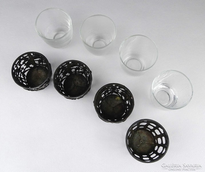 1Q267 Régi iparművészeti üvegbetétes ezüstözött fém stampedlis pohár készlet 4 darab