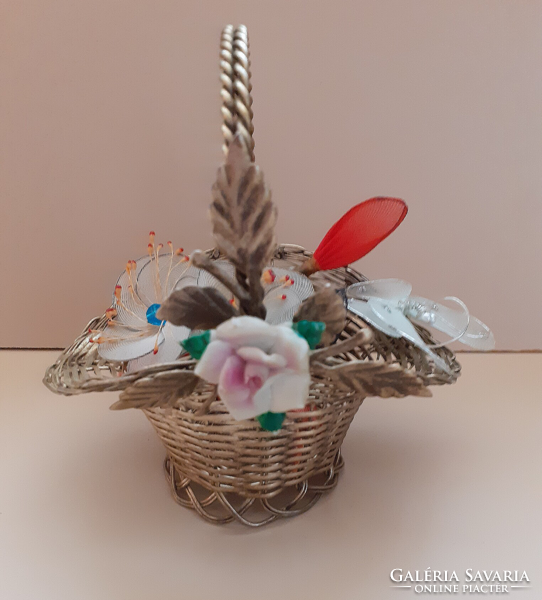 Handmade silver-plated serving basket with handmade flower bouquet