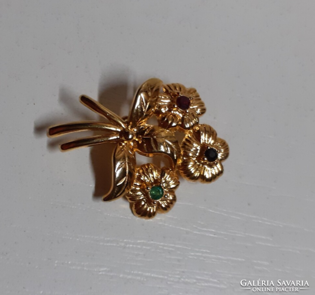 Gold-plated brooch studded with colorful small stones