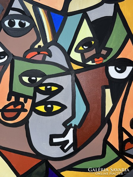 Forray Nóry kortárs festőművész absztrakt modern színes festmény- Arcok játéka 50x70 cm akril vászon