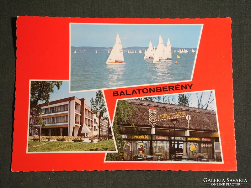 Postcard, balaton berény, mosaic details, resort, hostel, sailing ship, border guard restaurant