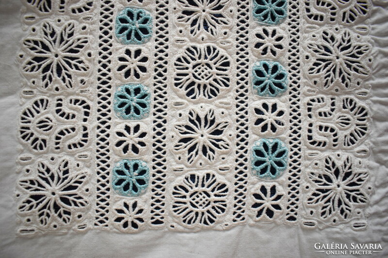 Madeira lace needlework blue white hole embroidery antique drapery decoration ethnography 44 x 21 cm+damaged