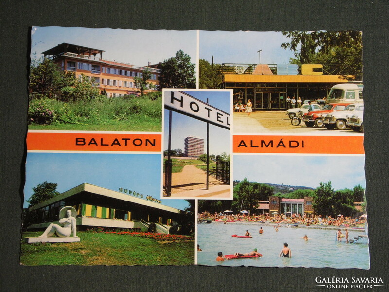 Postcard, Balatonalmádi, mosaic details, aurora hotel, restaurant, delicatessen abc store, resort, beach