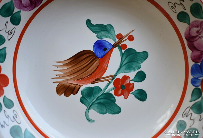 Retro, hand-painted ceramic bird and flower pattern wall plate