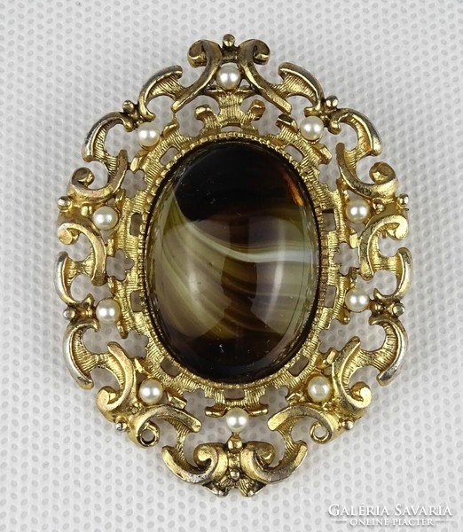 1Q319 tiger's eye stone gold-colored baroque dress ornament brooch with openwork edge