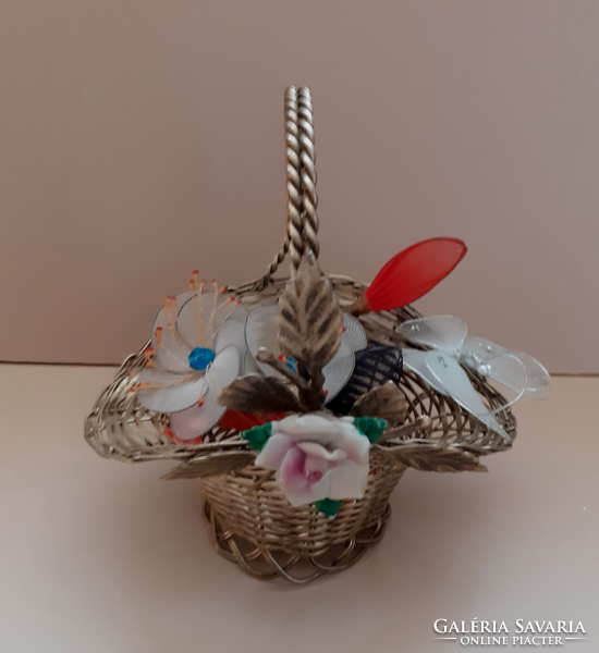 Handmade silver-plated serving basket with handmade flower bouquet