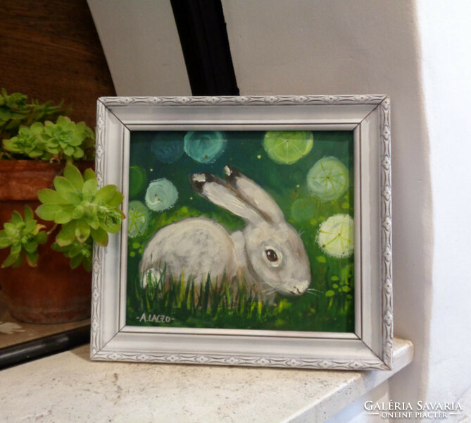 Nyuszi - agnes laczó contemporary painter/graphic artist - original acrylic painting rabbit in a frame, animal