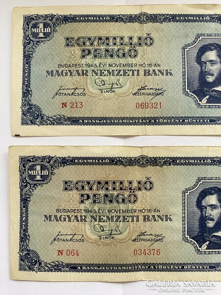 2 Pieces of one million pengő 1000000 pengő 1945