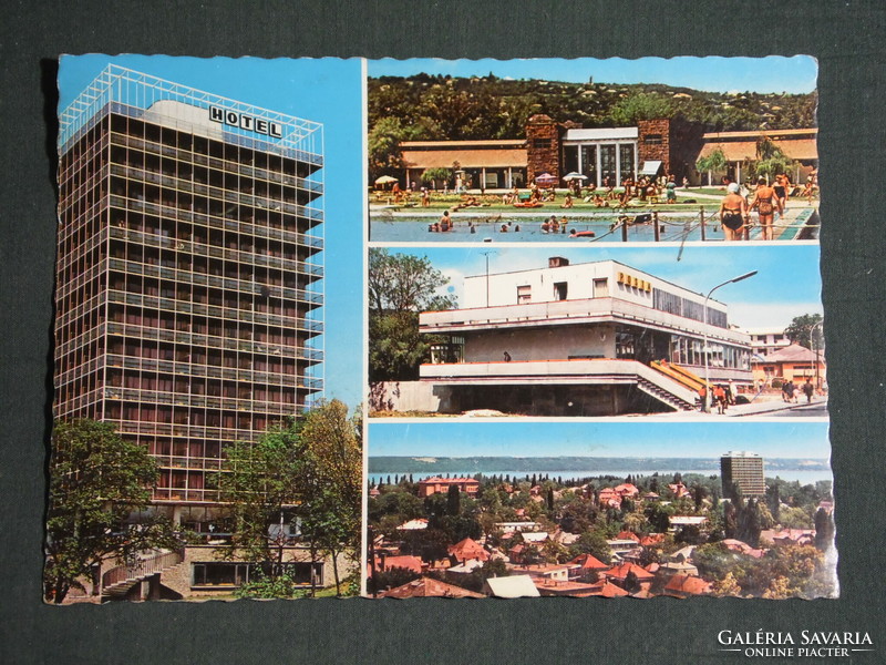 Postcard, Balatonalmádi, mosaic details, hotel, beach spa, view, post office