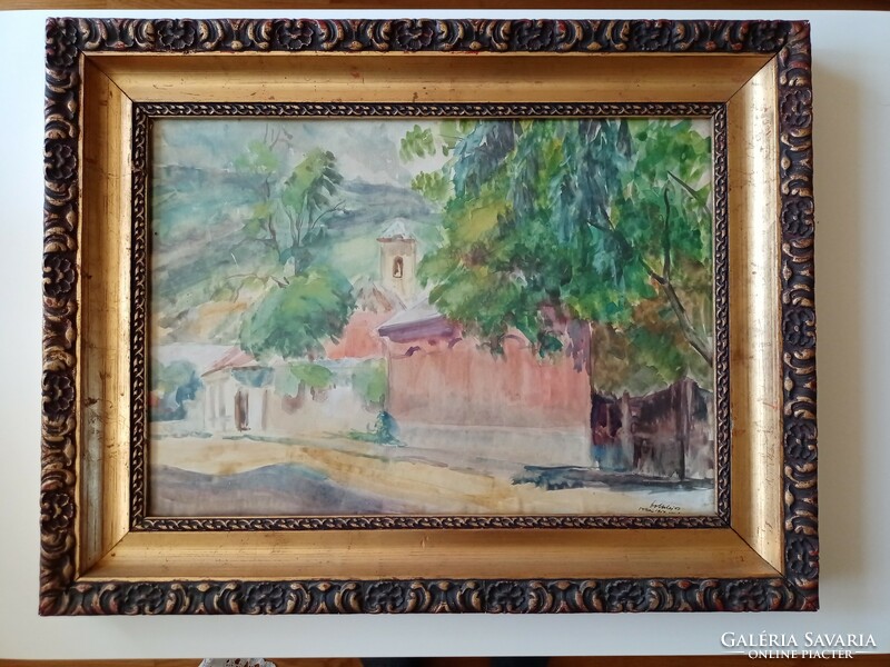 Lajos Dobos Tokaj village 1946 in a watercolor frame