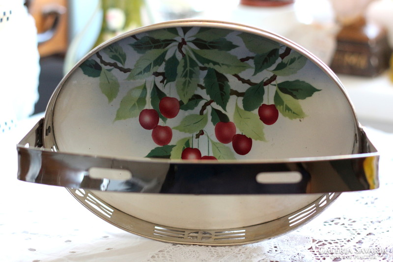 Art deco cherry pattern, faience, tray with metal handles, serving tray, rare, beautiful condition