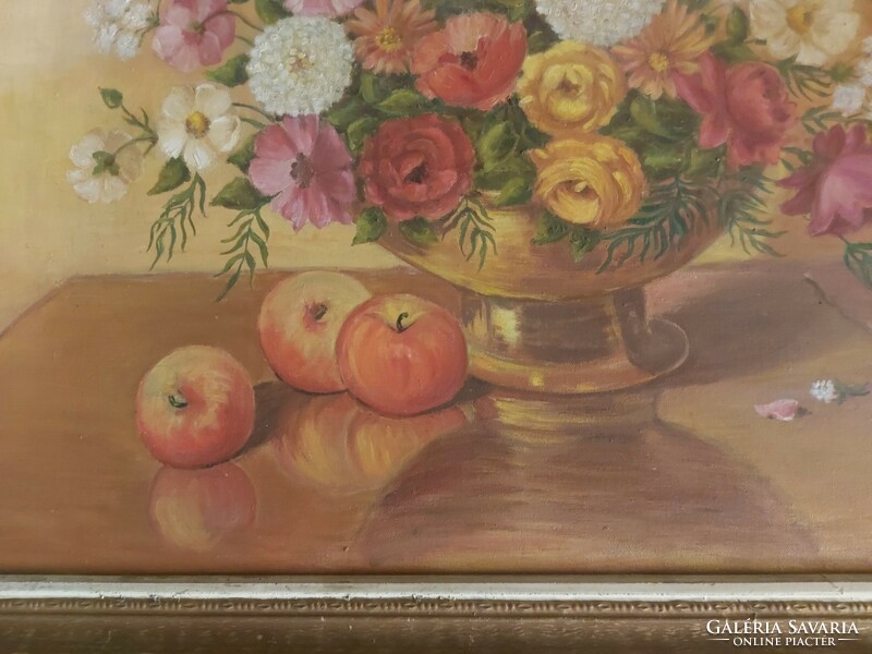 Szignós csendélet festmény, olaj, vászon, 61x51/71×61 cm, szép keret