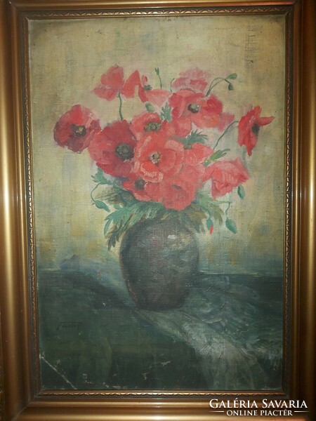 Kalicza Erzsébet (1876-1943) pipacsos csendélet festmény, olaj, kasírozott vászon, 56x38 cm+ keret