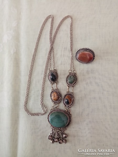 Old silver-plated copper mineral necklace and brooch / pin made of semi-precious stones - agate, etc...