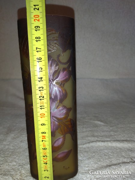 Gyönyörű színes virág mintás Gallé váza 21 cm magas