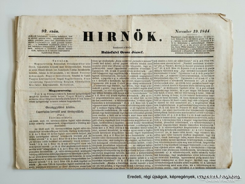 1844 november 19  /  HIRNÖK  /  SZÜLETÉSNAPRA :-) Eredeti, régi ÚJSÁG Ssz.:  26847