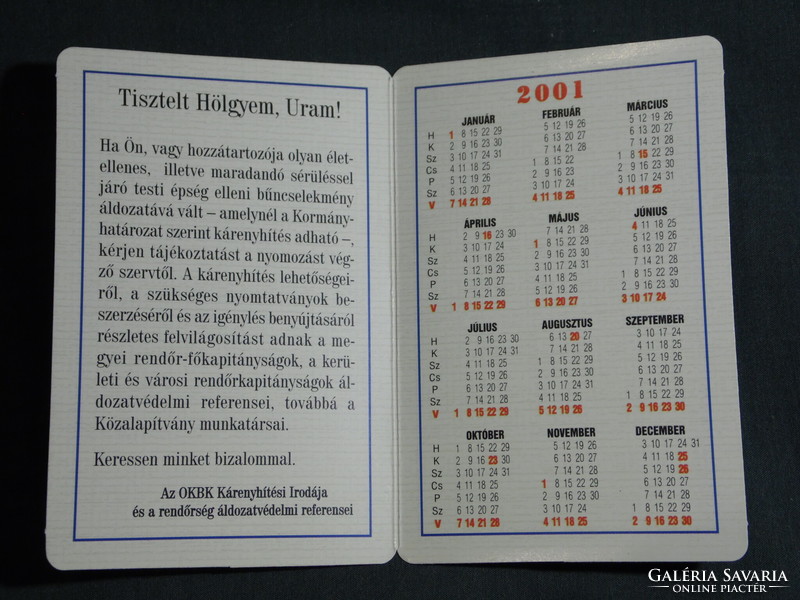 Card calendar, orfk, okbk, police, police, Budapest, 2001, (6)