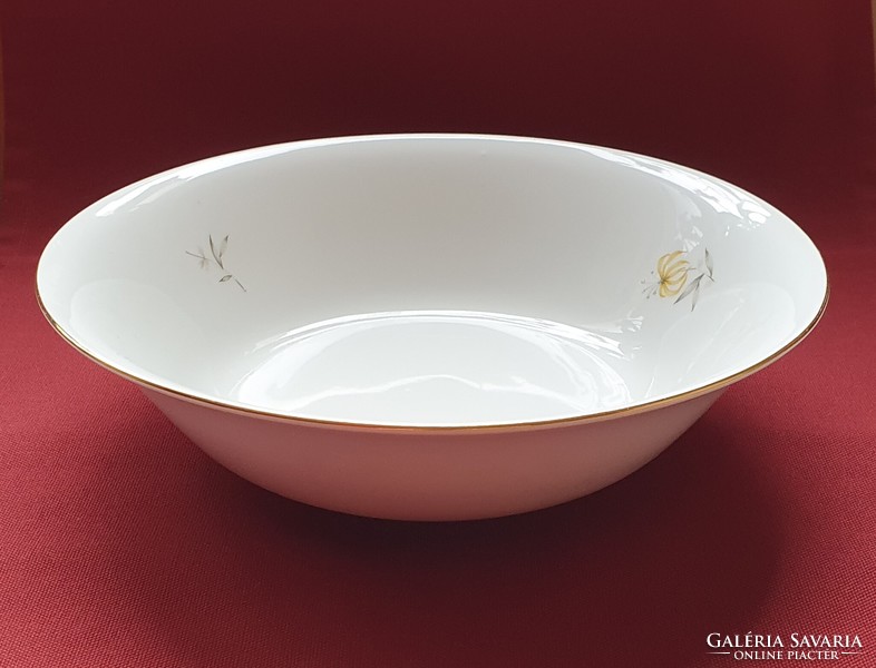 Porcelain bowl serving deep plate with a gold edge with a flower pattern soup garnish